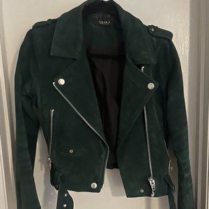 Akira Suede Genuine Leather Dark Green Moto Jacket Small